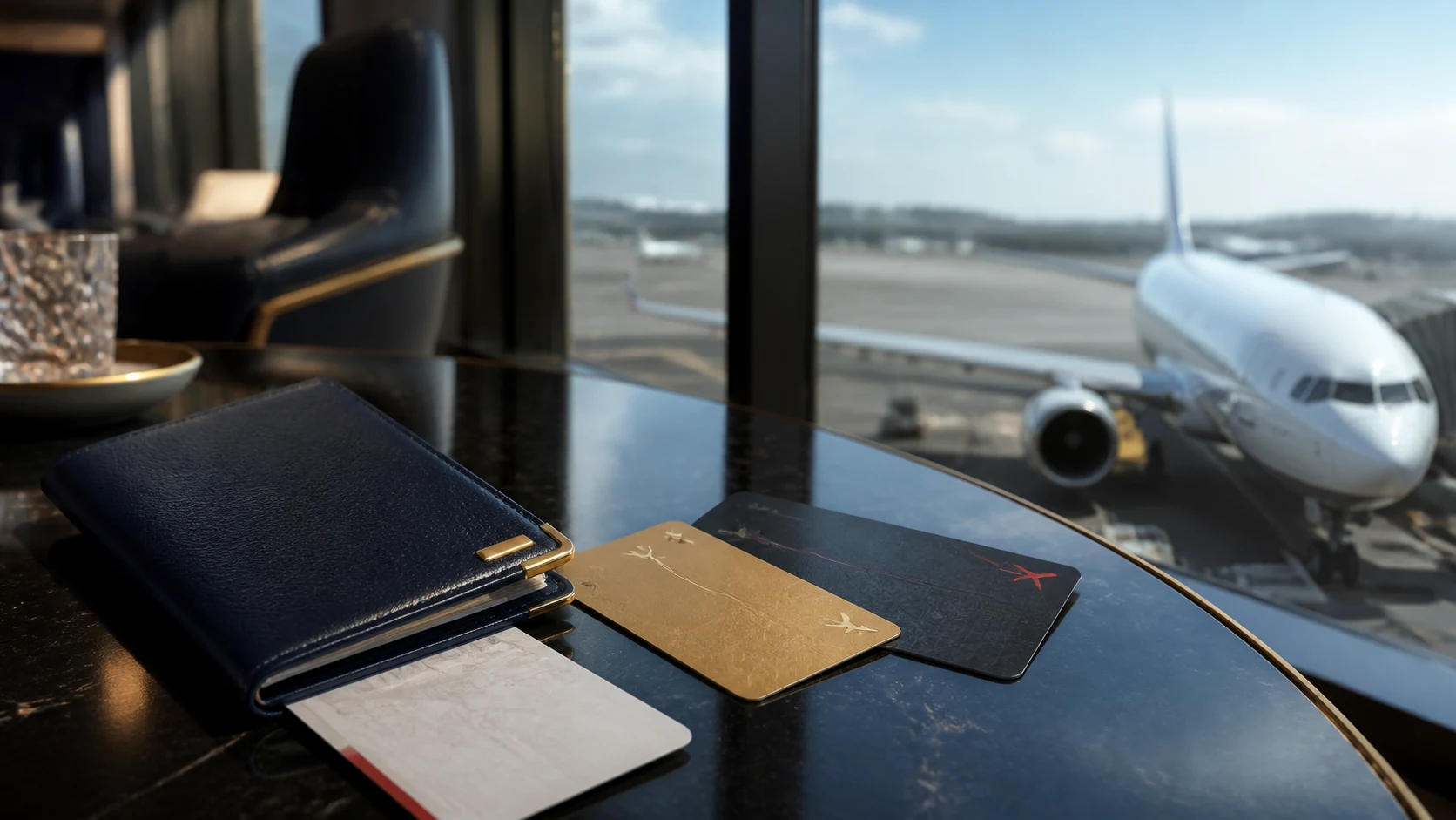 Havalimanı salonunda premium seyahat kartları ve pistte yolcu uçağı
